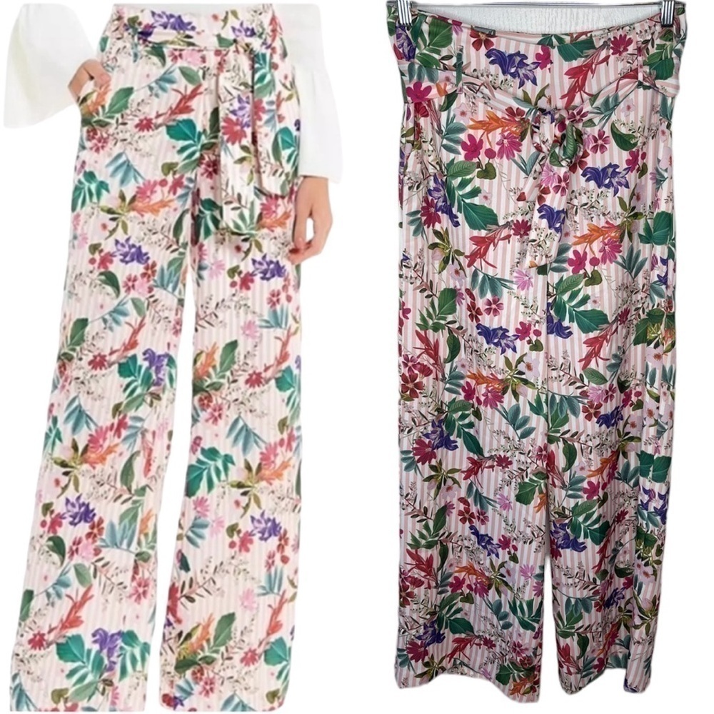 Gianni & Bini Striped Floral Wide Leg Belted Pants | Size 8